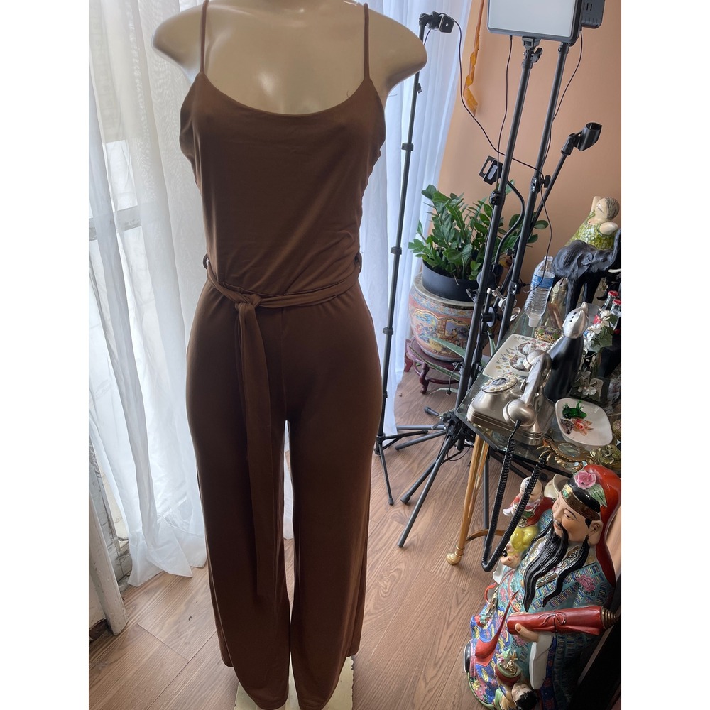 Diosa Chocolate Brown Spaghetti Strap Belted Jumpsuit Sleeveless Straight Leg